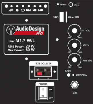 AudioDesignPRO M1.7WL kannettava akkukäyttöinen aktiivikaiutin+yksi langaton mikki/USB/BT/SD