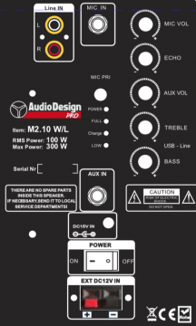 AudioDesignPRO M2 10WL kannettava akkukäyttöinen aktiivikaiutin +kaksi langatonta mikkiä/USB/BT/SD