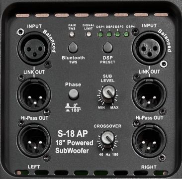 AudioDesignPRO S-18A aktiivinen subwoofer liitännät